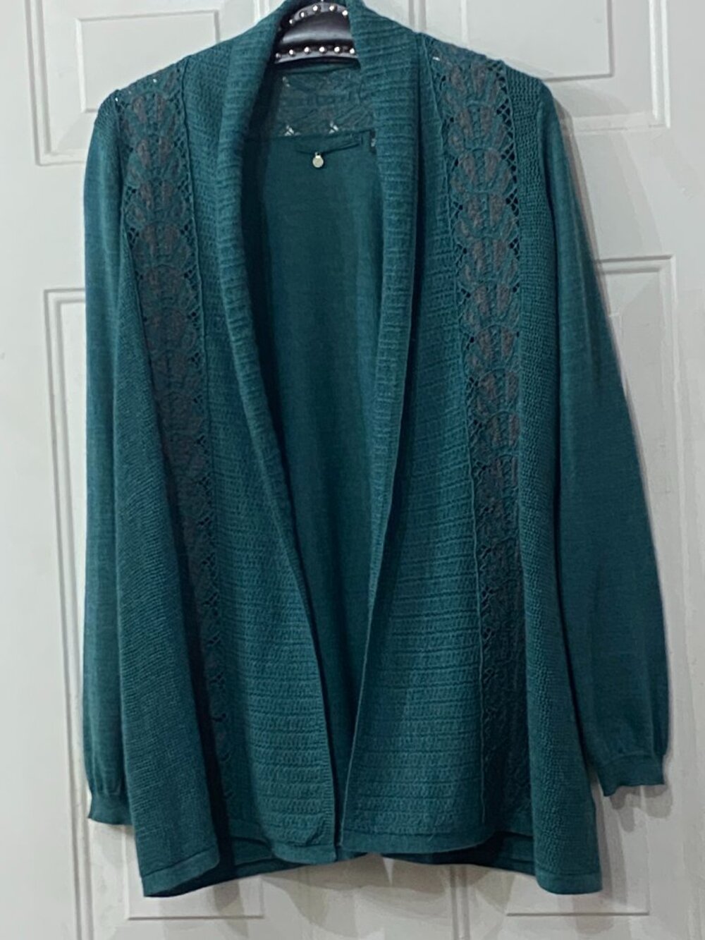 Knitted & Knotted Sz S Open Cardigan Sweater Evergreen Wool/Poly Lace Decorated